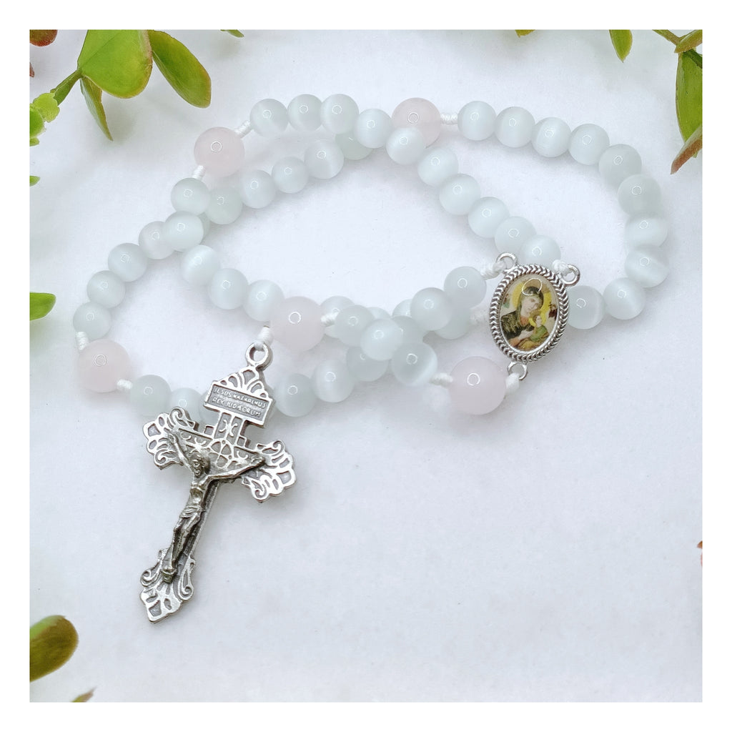 Our Mother Of Perpetual Help Cat Eye & Rose Quartz Rosary