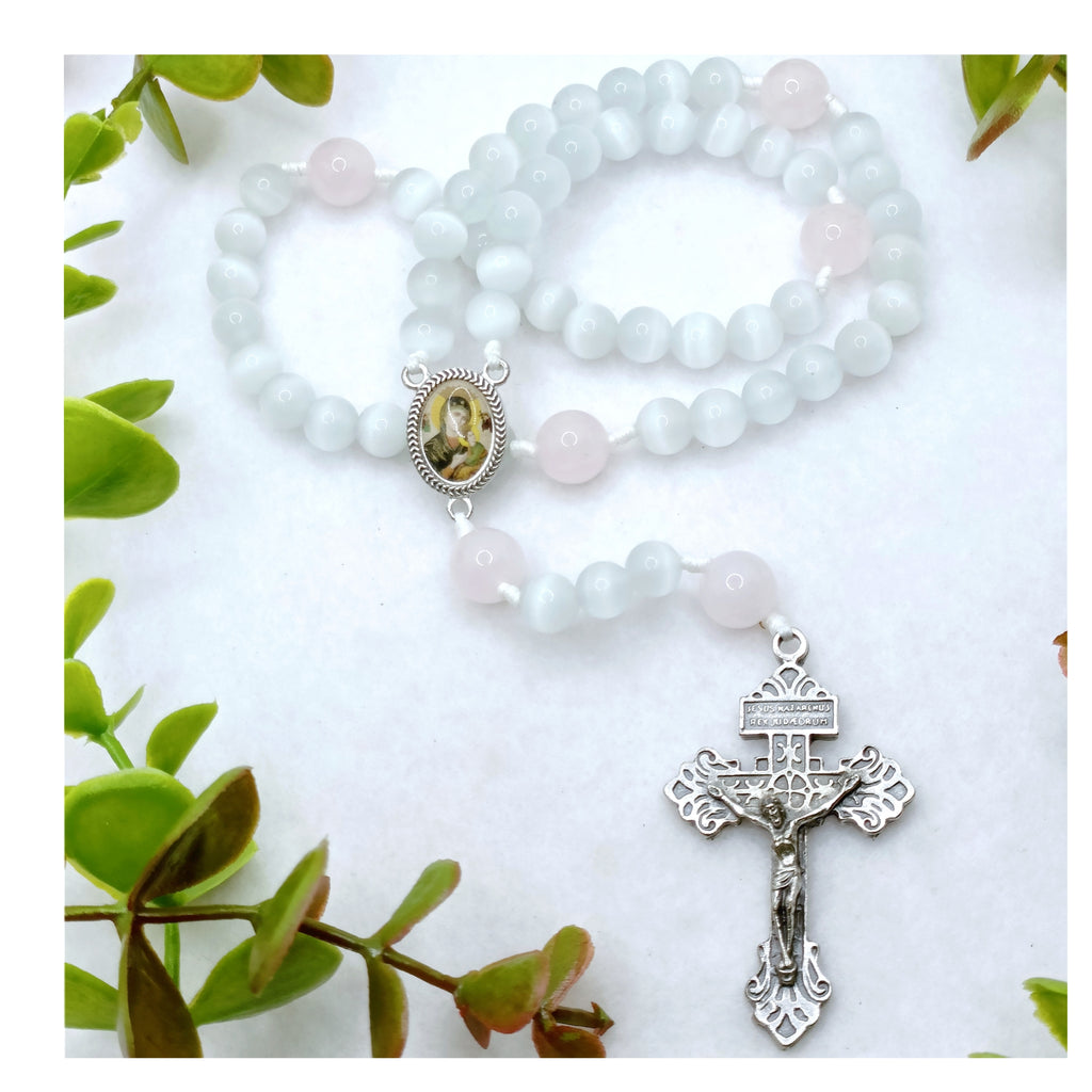 Our Mother Of Perpetual Help Cat Eye & Rose Quartz Rosary