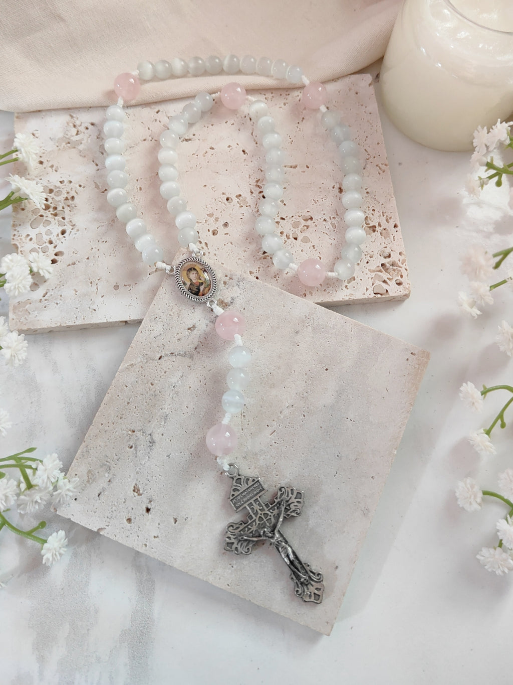 Our Mother Of Perpetual Help Cat Eye & Rose Quartz Rosary