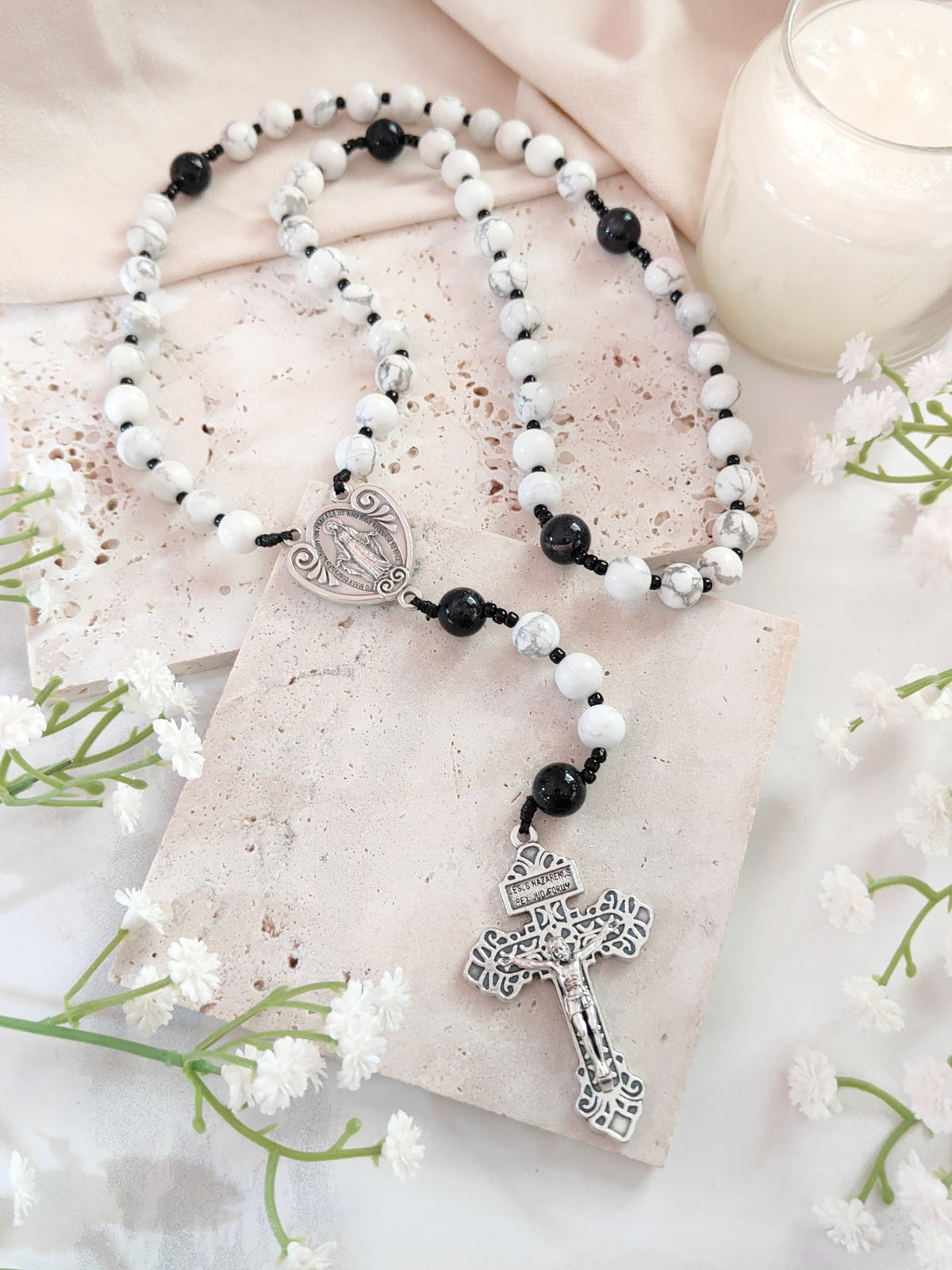 Our Lady of Grace White Howlite Rosary