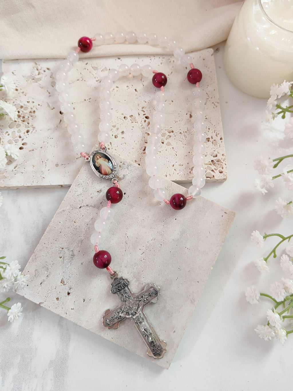Divine Mercy Chaplet White Onyx & Tiger Eye Rosary