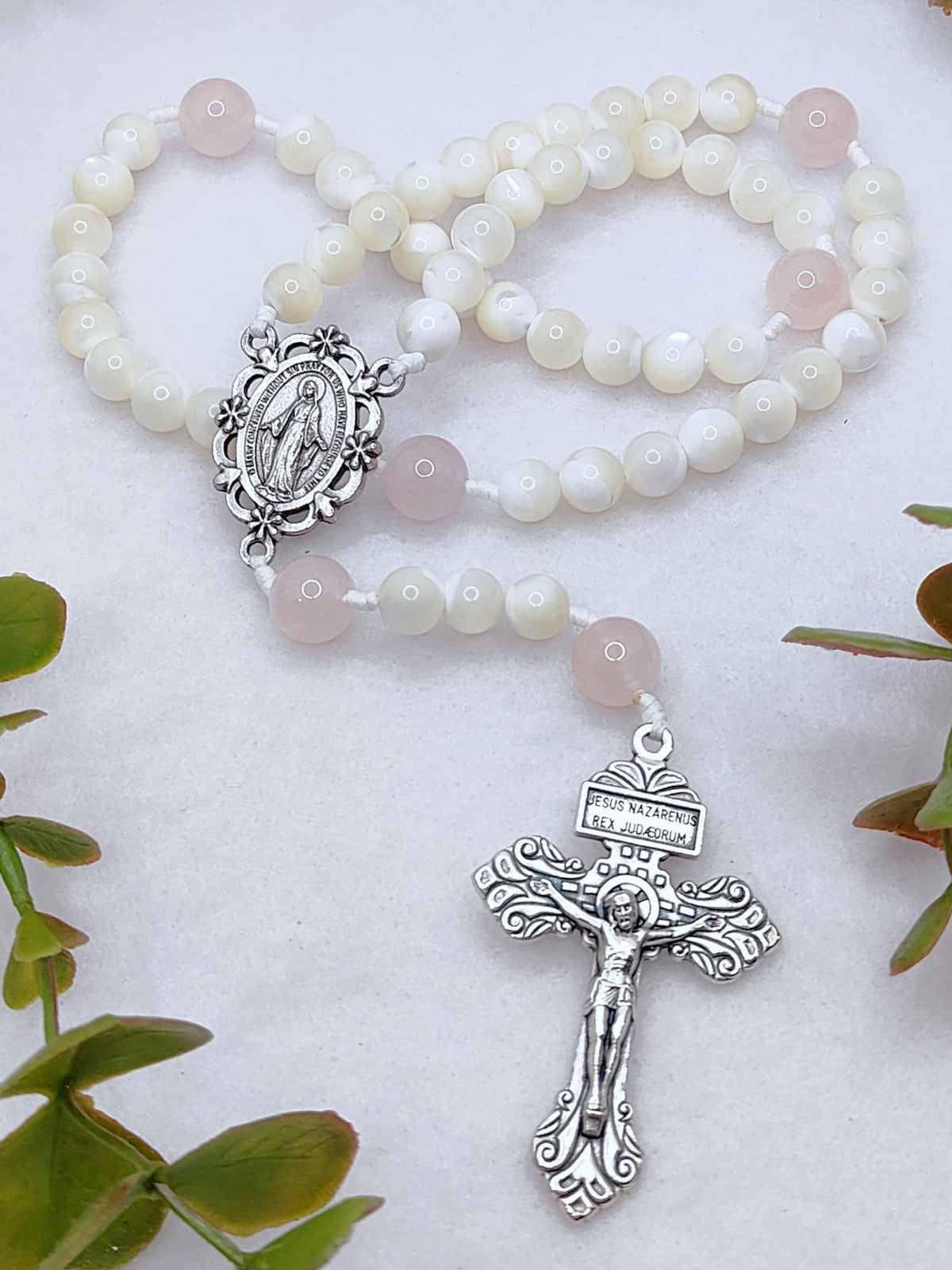Our Lady of Grace Pearl & Rose Quartz Rosary