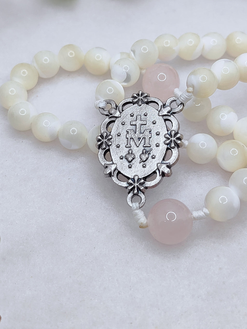 Our Lady of Grace Pearl & Rose Quartz Rosary