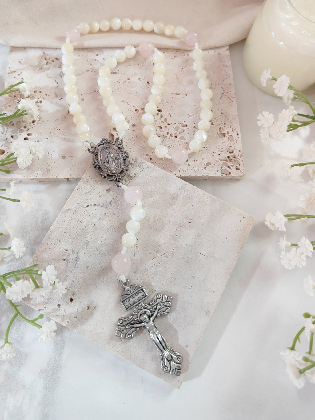 Our Lady of Grace Pearl & Rose Quartz Rosary