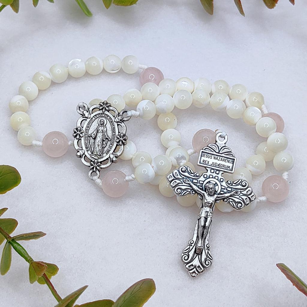 Our Lady of Grace Pearl & Rose Quartz Rosary