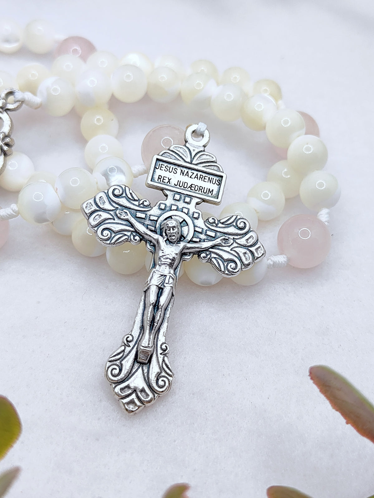 Our Lady of Grace Pearl & Rose Quartz Rosary