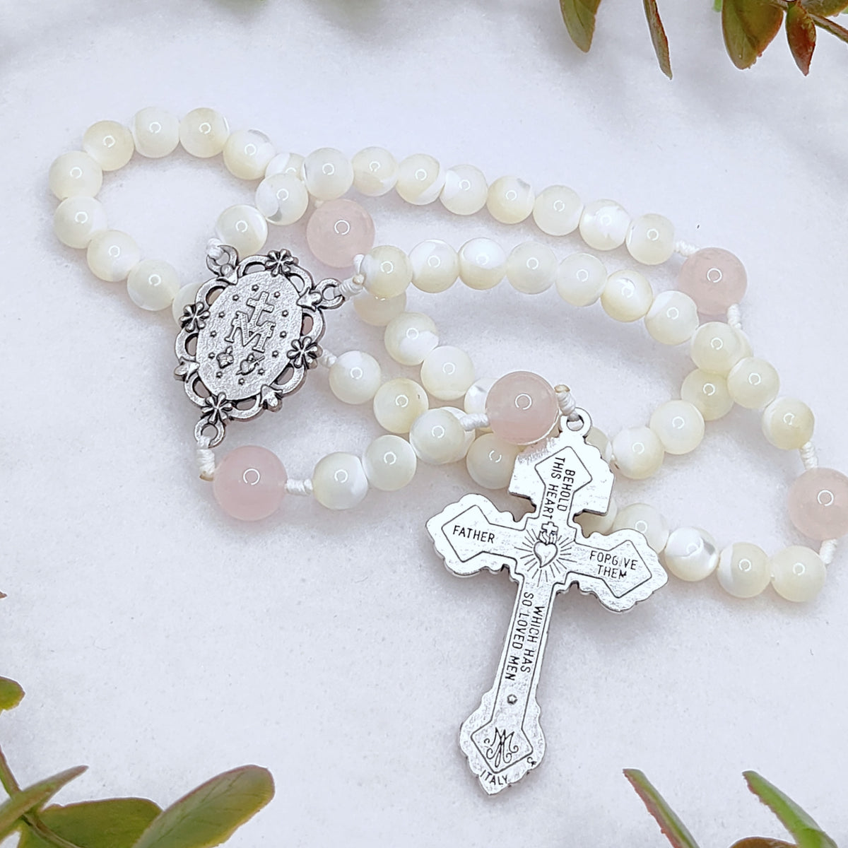 Our Lady of Grace Pearl & Rose Quartz Rosary