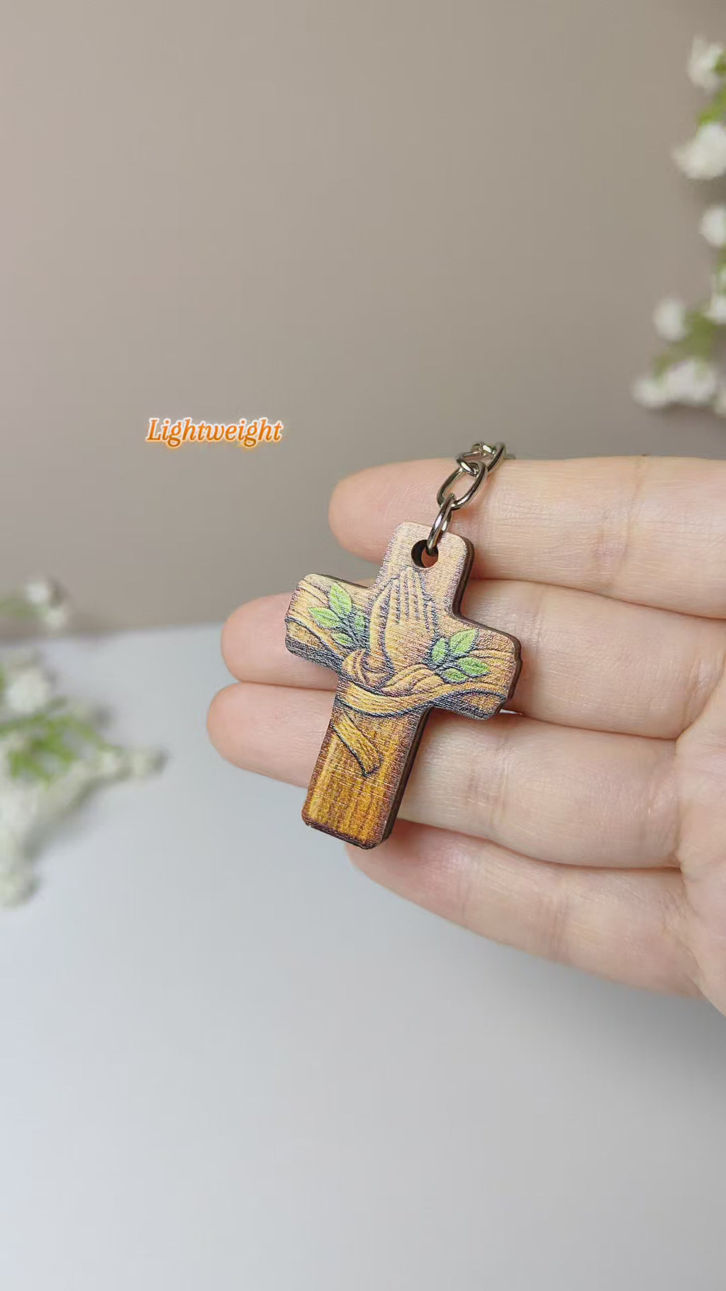 Wooden Praying Hands Cross Keychain