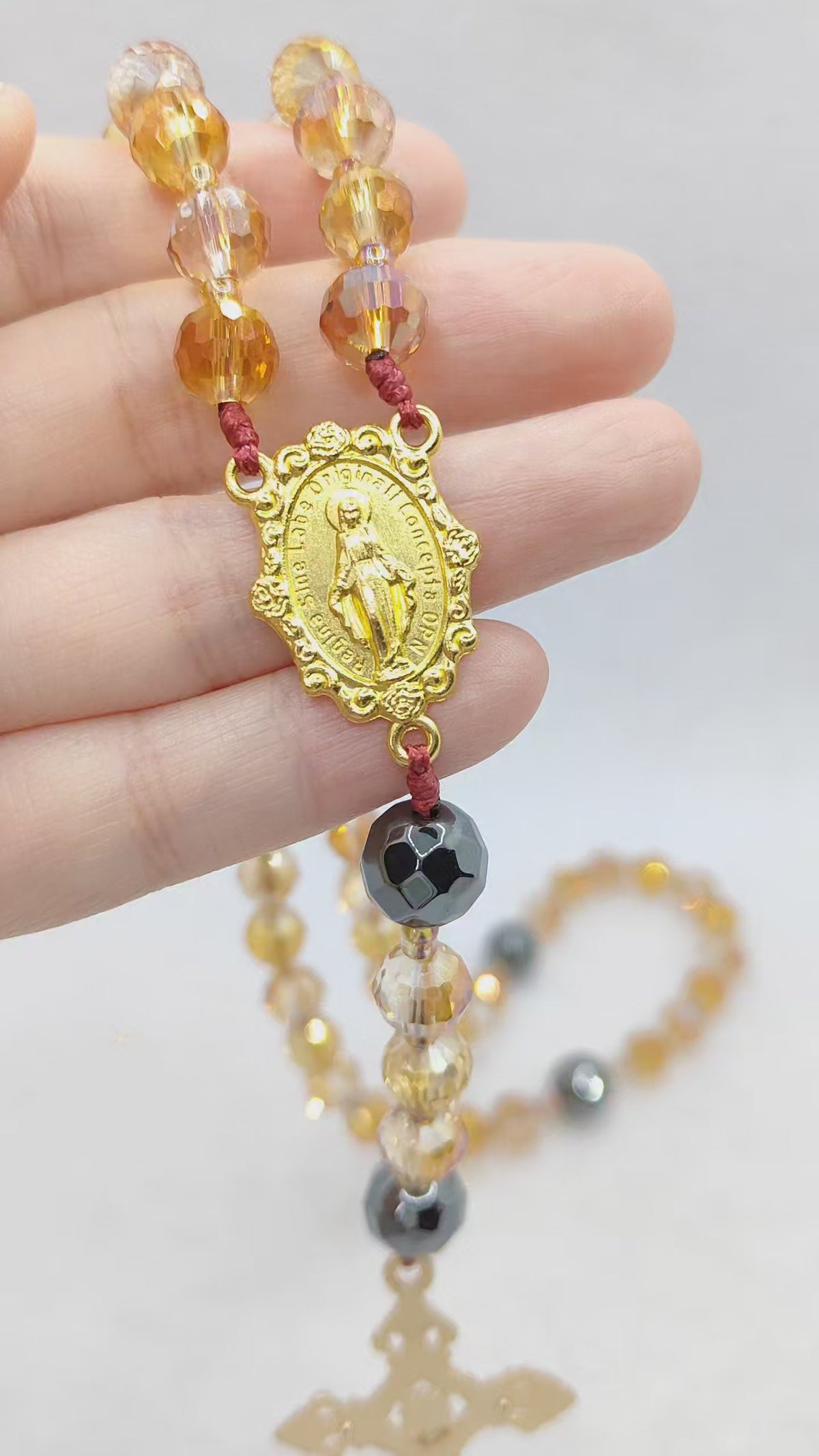 Amber & Gold Crystal with Black Hematite Rosary