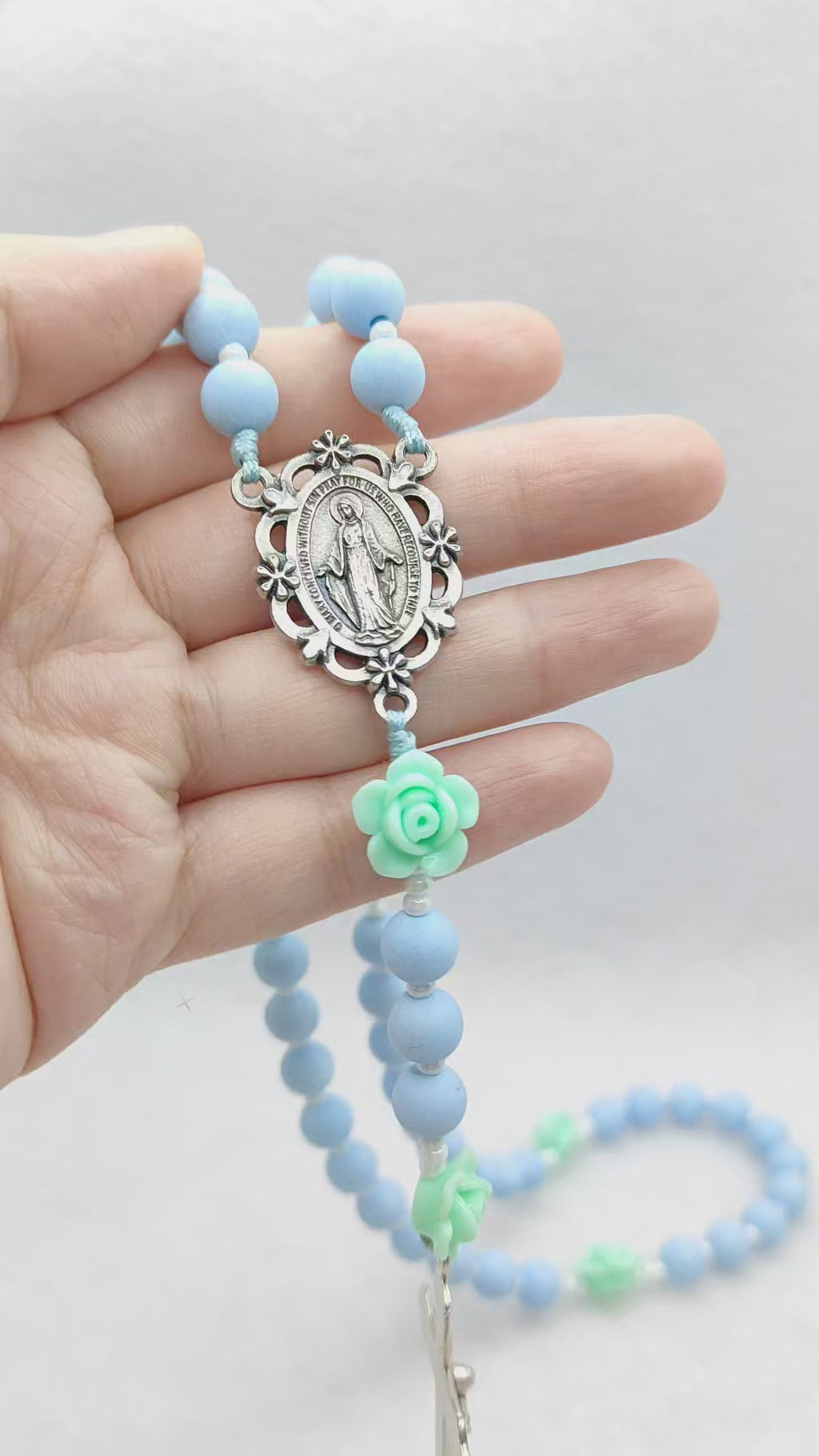 Miraculous Medal Sky Blue Acrylic with Roses