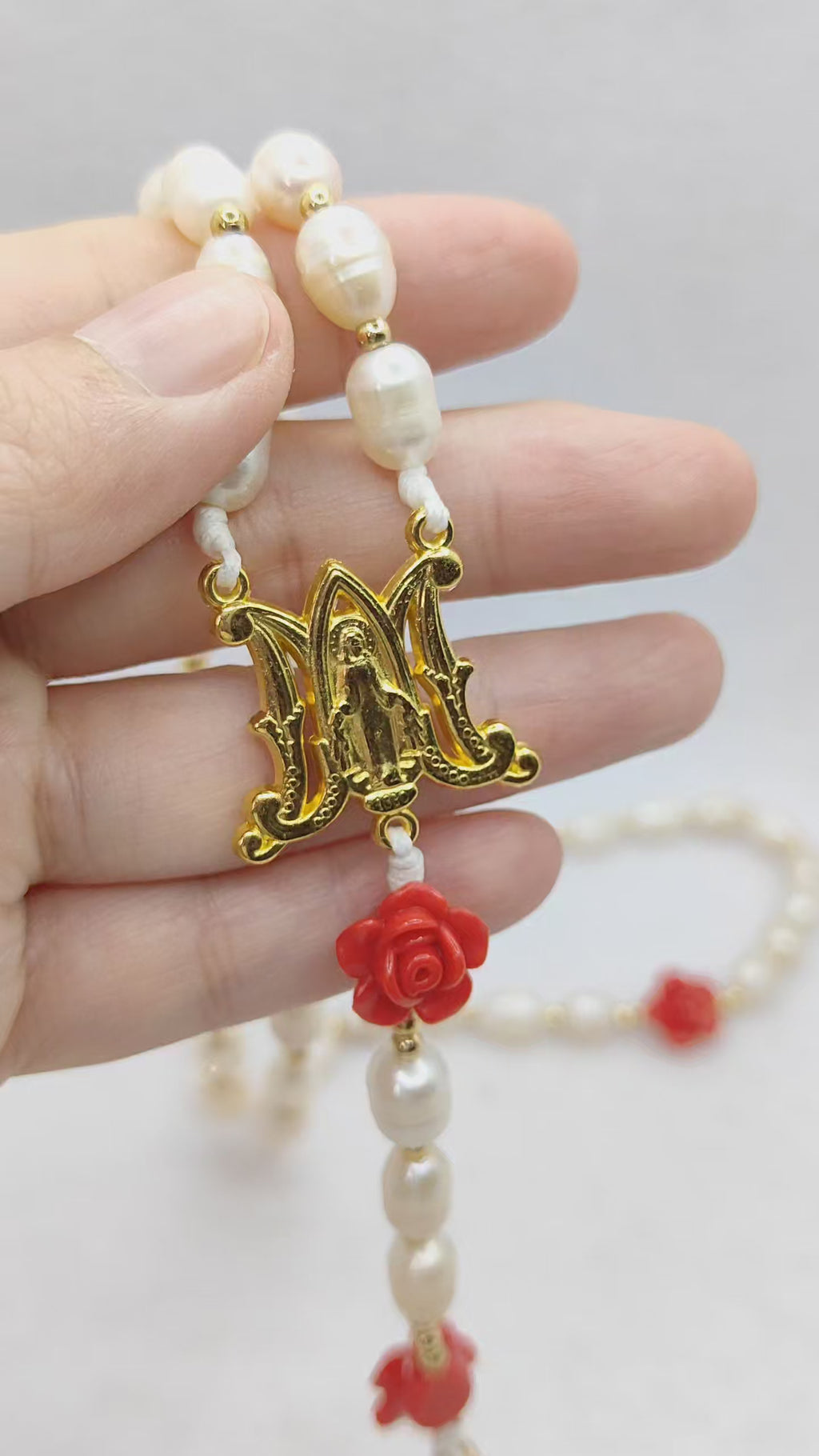 Gold Plated Miraculous Medal Freshwater Pearl with Roses