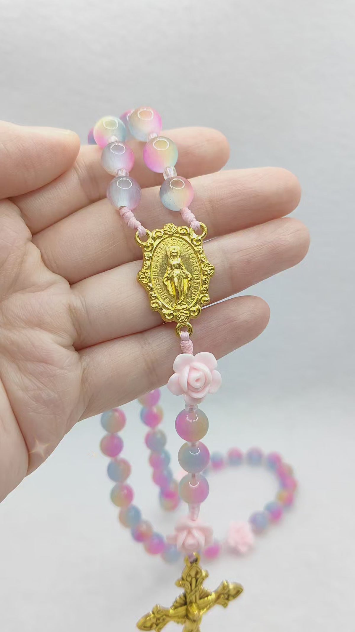 Miraculous Medal Cat Eye Glass Rosary with Roses