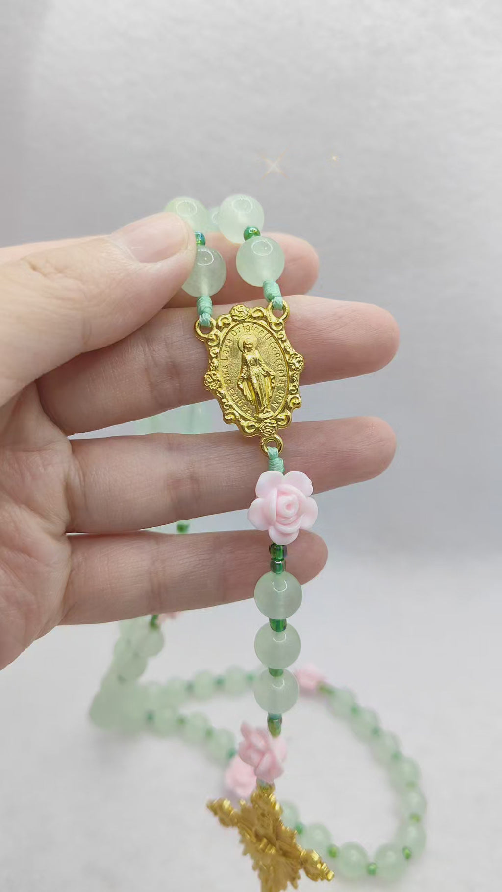 Miraculous Medal Green Jade & Roses Spring Rosary