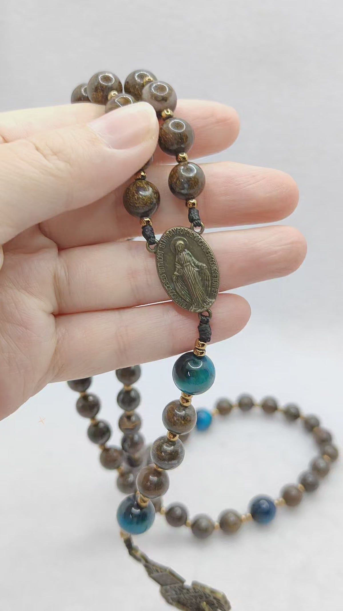 Miraculous Medal Bronzite with Tiger Eye